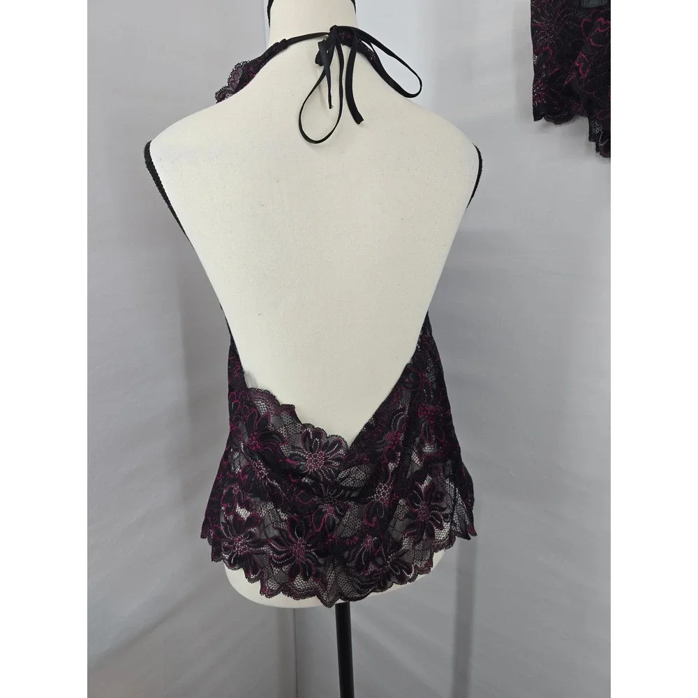 Floral Lace‎ Halter Camisole and Boyshort Panty Lingerie Set Black Magenta 1X